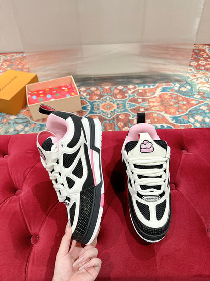 LOUIS VUITTON LV SKATE SNEAKER IN WHITE MIX BLACK AND LIGHT PINK CALFSKIN