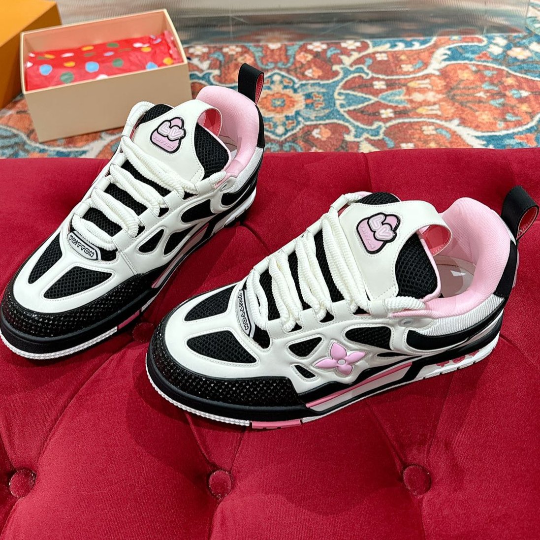 LOUIS VUITTON LV SKATE SNEAKER IN WHITE MIX BLACK AND LIGHT PINK CALFSKIN