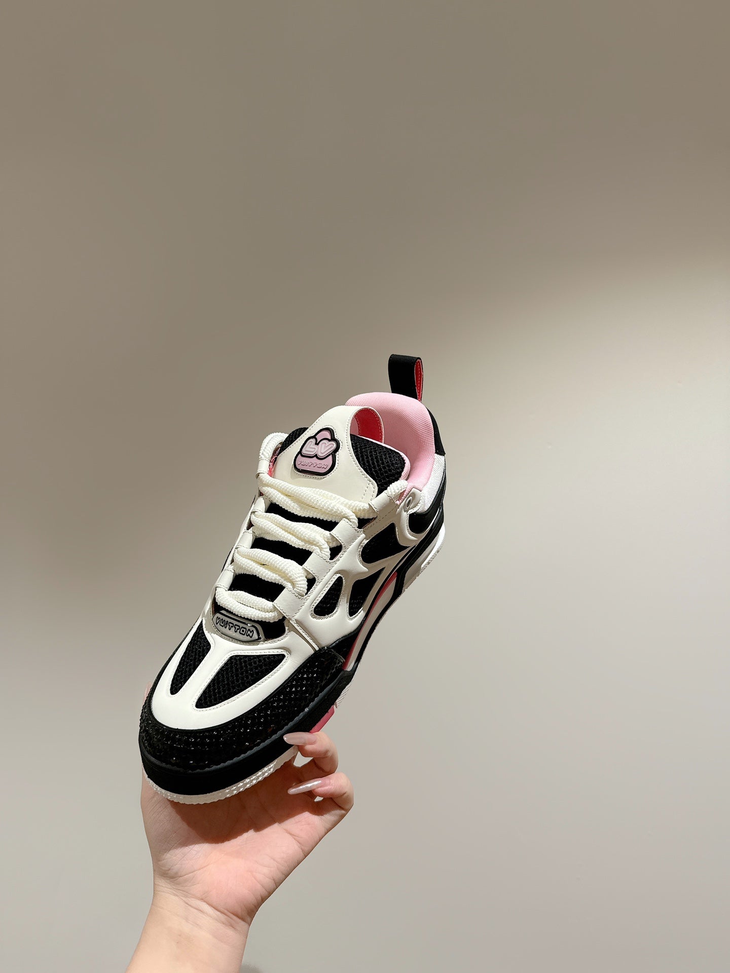 LOUIS VUITTON LV SKATE SNEAKER IN WHITE MIX BLACK AND LIGHT PINK CALFSKIN