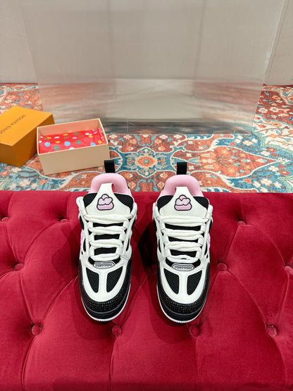 LOUIS VUITTON LV SKATE SNEAKER IN WHITE MIX BLACK AND LIGHT PINK CALFSKIN