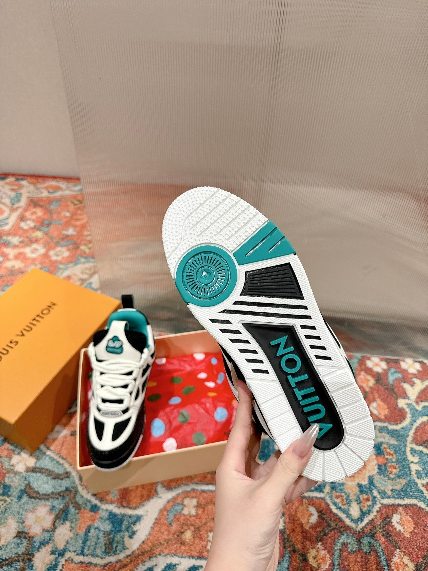 LOUIS VUITTON LV SKATE SNEAKER IN WHITE MIX BLACK AND PERSIAN GREEN CALFSKIN