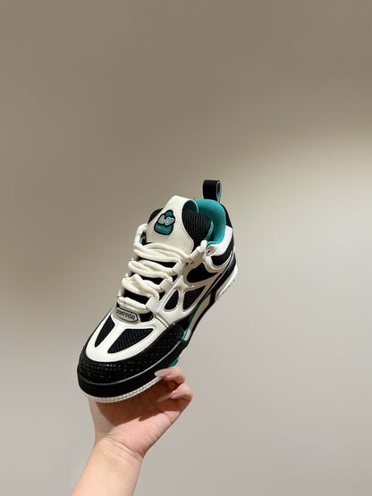 LOUIS VUITTON LV SKATE SNEAKER IN WHITE MIX BLACK AND PERSIAN GREEN CALFSKIN