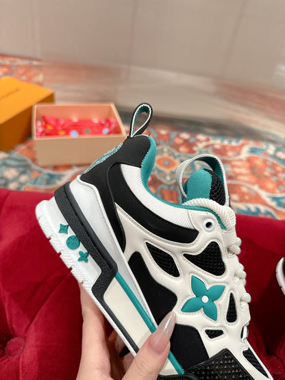 LOUIS VUITTON LV SKATE SNEAKER IN WHITE MIX BLACK AND PERSIAN GREEN CALFSKIN