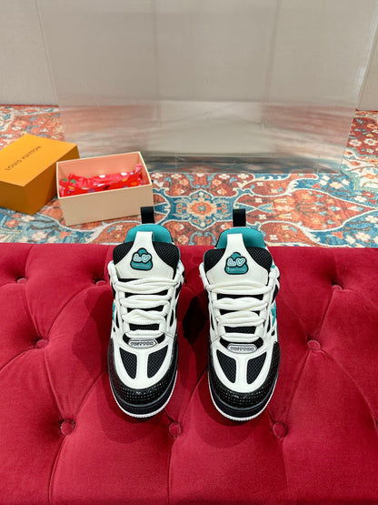 LOUIS VUITTON LV SKATE SNEAKER IN WHITE MIX BLACK AND PERSIAN GREEN CALFSKIN