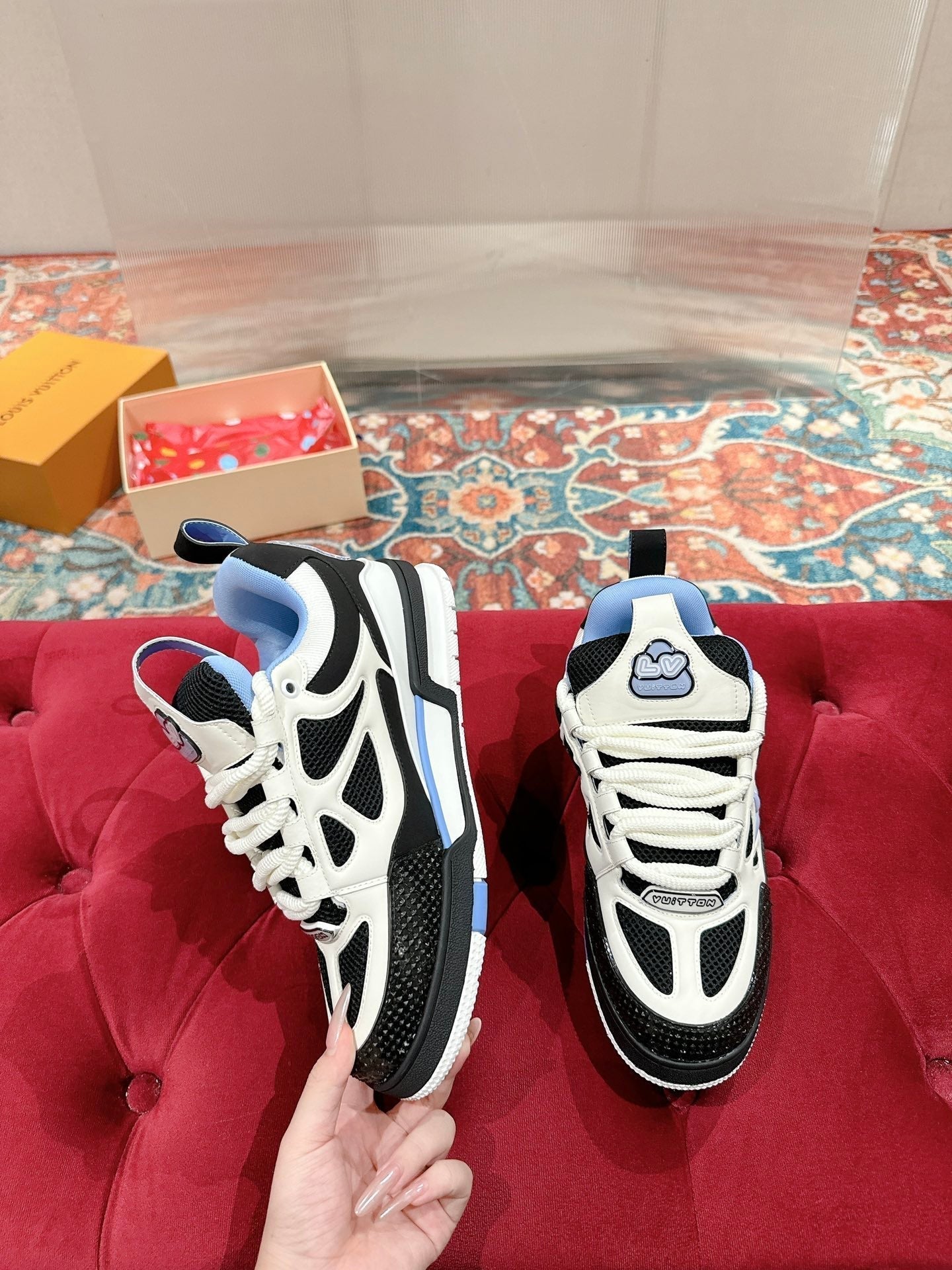 LOUIS VUITTON LV SKATE SNEAKER IN WHITE MIX BLACK AND SKY BLUE CALFSKIN
