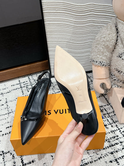 LOUIS VUITTON HIGH HEEL 4 CM SLINGBACKS IN BLACK CALFSKIN