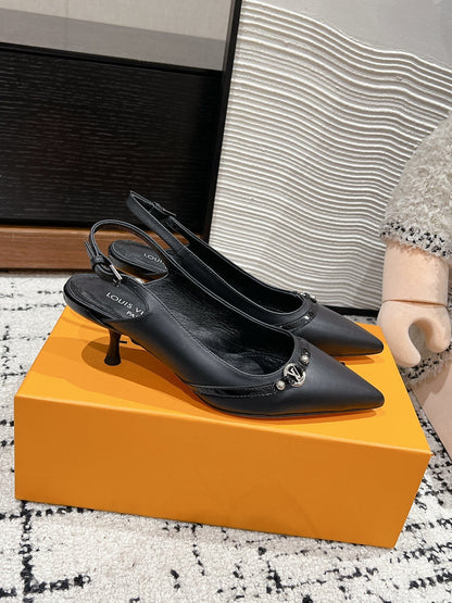 LOUIS VUITTON HIGH HEEL 4 CM SLINGBACKS IN BLACK CALFSKIN