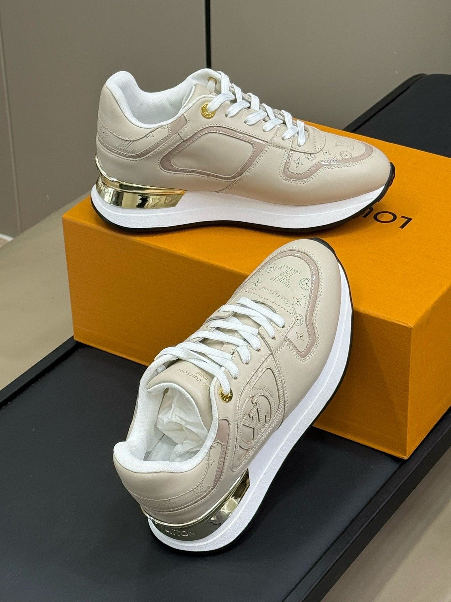 LOUIS VUITTON LV NEO RUN AWAY SNEAKER IN KHAKI TAN CALFSKIN
