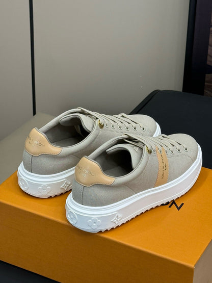 LOUIS VUITTON LV TIME OUT SNEAKER IN PASTEL GRAY MIX MACAROON GOLD CANVAS