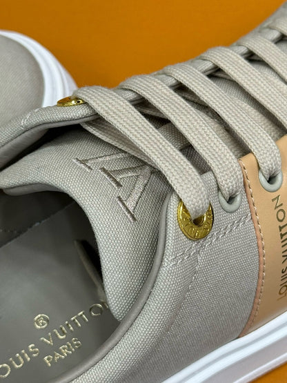 LOUIS VUITTON LV TIME OUT SNEAKER IN PASTEL GRAY MIX MACAROON GOLD CANVAS