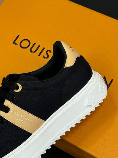 LOUIS VUITTON LV TIME OUT SNEAKER IN BLACK MIX MACAROON GOLD CANVAS
