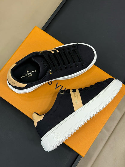 LOUIS VUITTON LV TIME OUT SNEAKER IN BLACK MIX MACAROON GOLD CANVAS