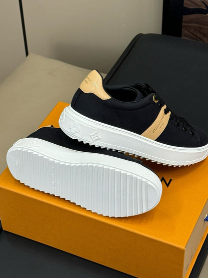 LOUIS VUITTON LV TIME OUT SNEAKER IN BLACK MIX MACAROON GOLD CANVAS
