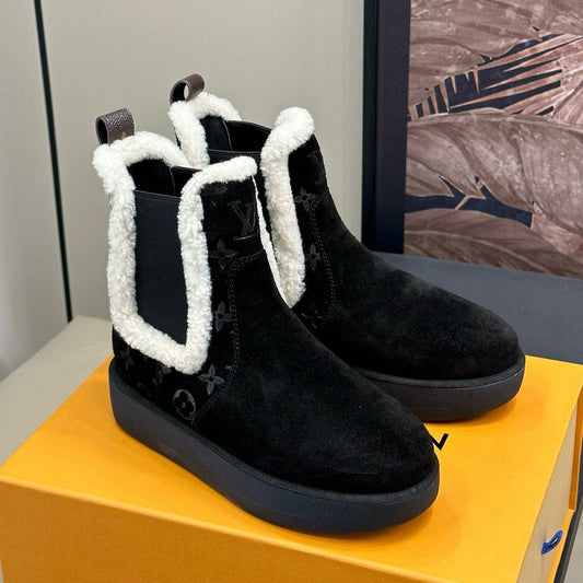 LOUIS VUITTON ASPEN CHELSEA ANKLE BOOTS IN BLACK MONOGRAM-DEBOSSED SUEDE