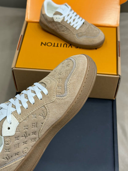 LOUIS VUITTON STADIUM SNEAKER IN KHAKI BROWN EMBOSSED MONOGRAM SUEDE