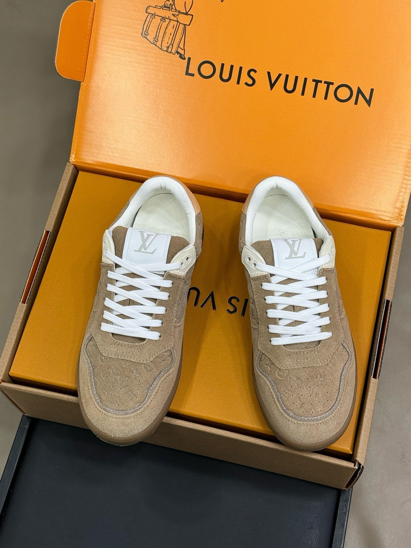 LOUIS VUITTON STADIUM SNEAKER IN KHAKI BROWN EMBOSSED MONOGRAM SUEDE