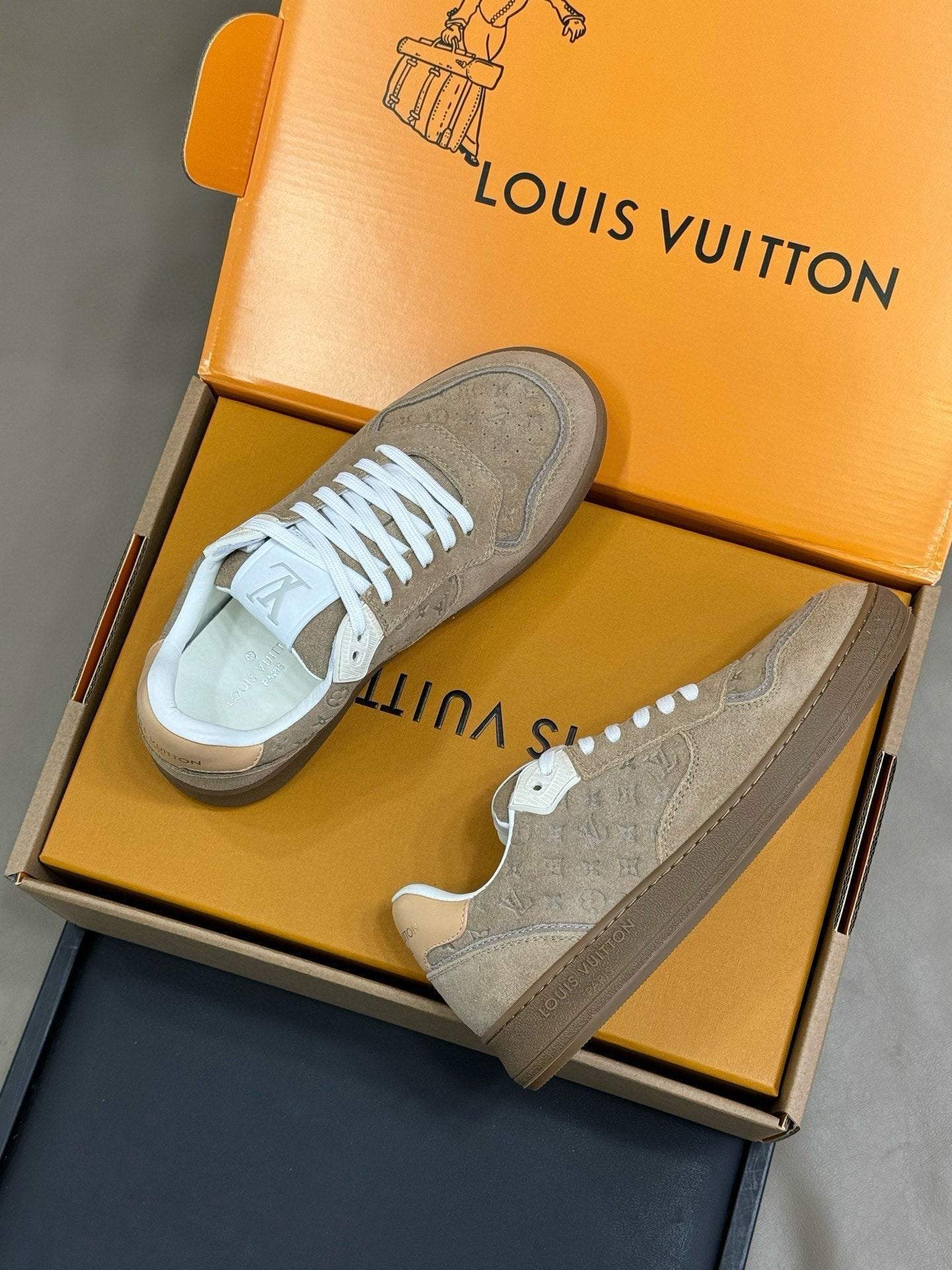 LOUIS VUITTON STADIUM SNEAKER IN KHAKI BROWN EMBOSSED MONOGRAM SUEDE