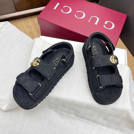 GUCCI CLASSIC SANDALS 25S IN BLACK FABRIC WITH GOLD HARDWARE