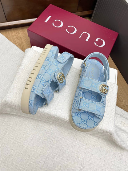 GUCCI CLASSIC SANDALS 25S IN SKY BLUE FABRIC WITH GOLD HARDWARE