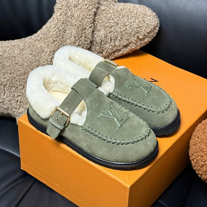 LOUIS VUITTON COLORADO COMFORT MARY JANE IN BASIL GREEN SUEDE AND SHEARLING LINING