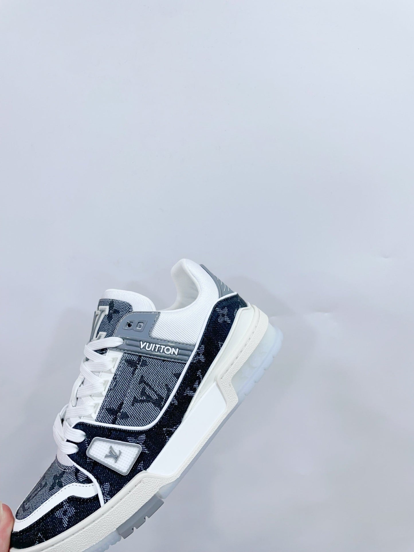 LOUIS VUITTON LV TRAINER SNEAKER IN DOVE GRAY MONOGRAM DENIM