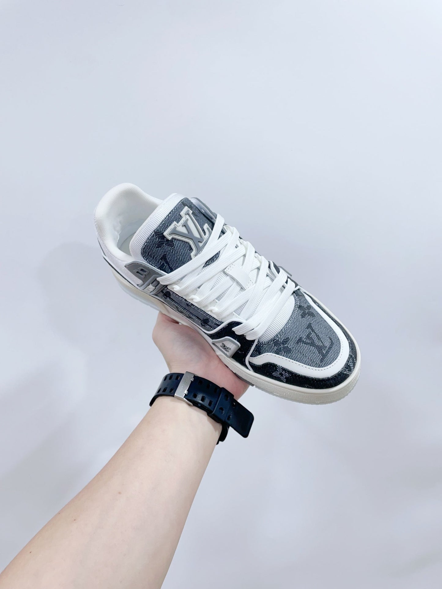 LOUIS VUITTON LV TRAINER SNEAKER IN DOVE GRAY MONOGRAM DENIM