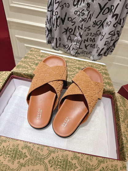 GUCCI SLIDES IN BURNT ORANGE SUEDE WITH EMBOSSED LOGO STYLE 11