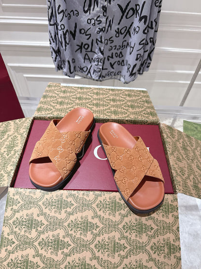 GUCCI SLIDES IN BURNT ORANGE SUEDE WITH EMBOSSED LOGO STYLE 11
