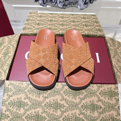 GUCCI SLIDES IN BURNT ORANGE SUEDE WITH EMBOSSED LOGO STYLE 11