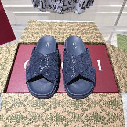 GUCCI SLIDES IN NAVY BLUE SUEDE WITH EMBOSSED LOGO STYLE 10