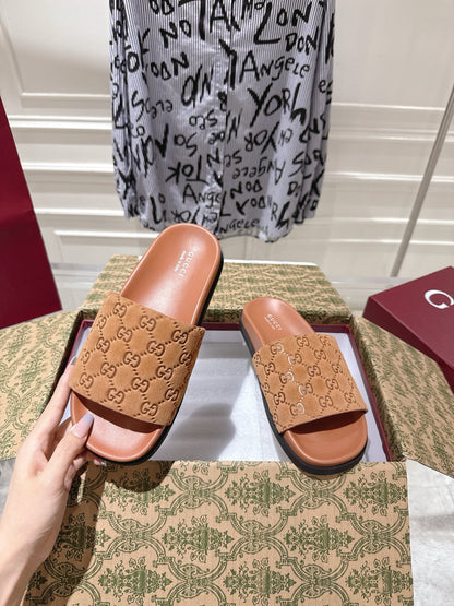 GUCCI SLIDES IN BURNT ORANGE SUEDE WITH EMBOSSED LOGO STYLE 5