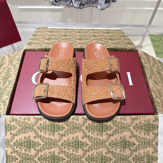 GUCCI SANDALS IN BURNT ORANGE SUEDE EMBOSSED LOGO SILVER HARDWARE