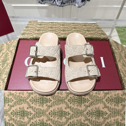 GUCCI SANDALS IN NUDE BEIGE SUEDE EMBOSSED LOGO SILVER HARDWARE