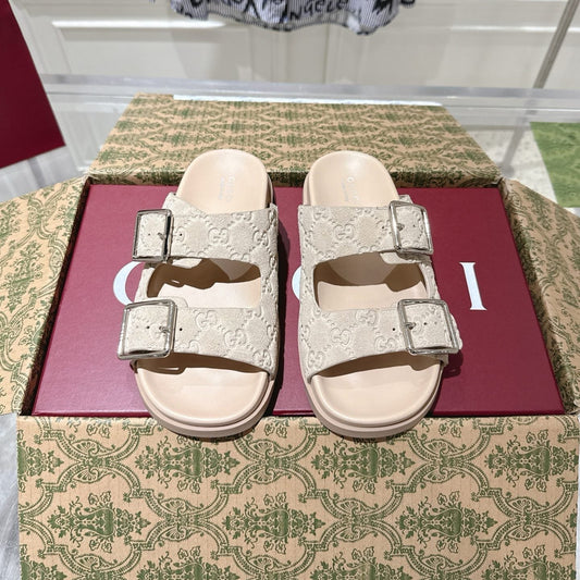 GUCCI SANDALS IN NUDE BEIGE SUEDE EMBOSSED LOGO SILVER HARDWARE