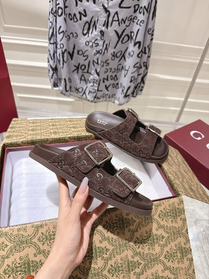 GUCCI SANDALS IN NAVY BROWN SUEDE EMBOSSED LOGO SILVER HARDWARE