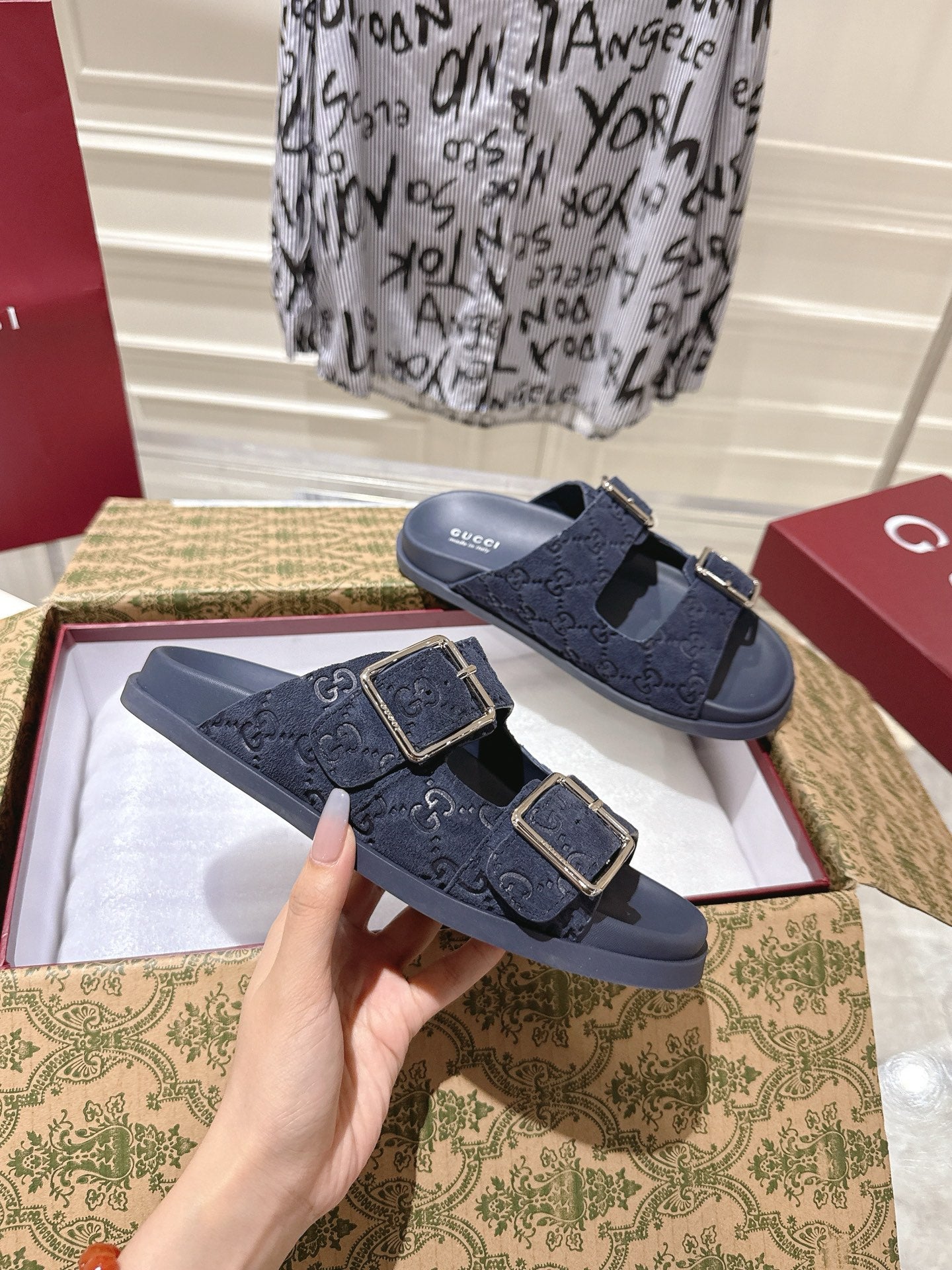 GUCCI SANDALS IN NAVY BLUE SUEDE EMBOSSED LOGO SILVER HARDWARE