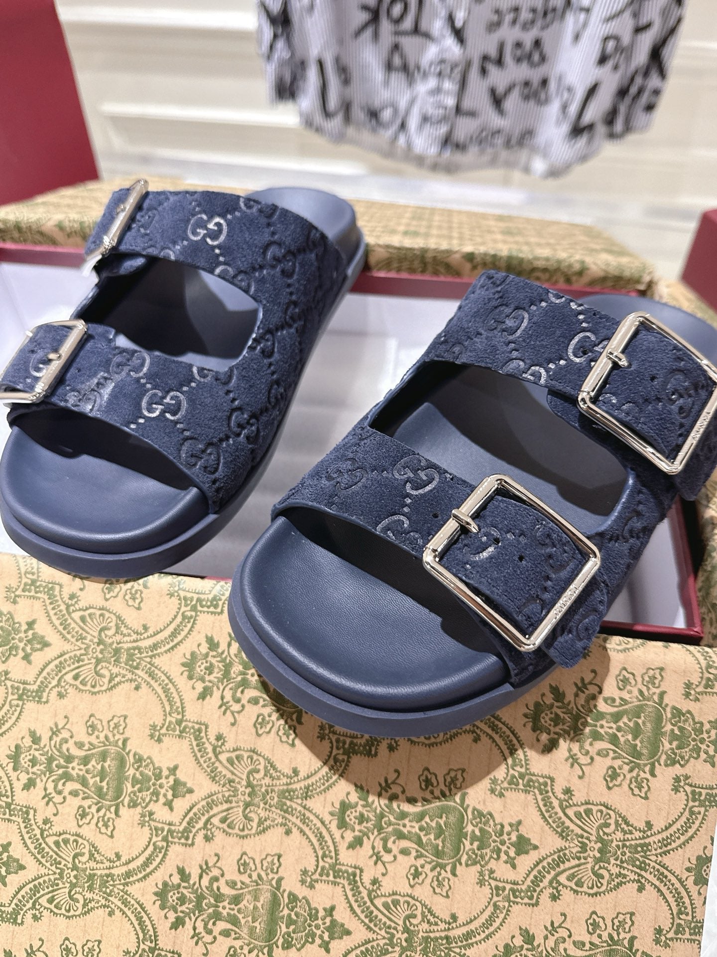 GUCCI SANDALS IN NAVY BLUE SUEDE EMBOSSED LOGO SILVER HARDWARE
