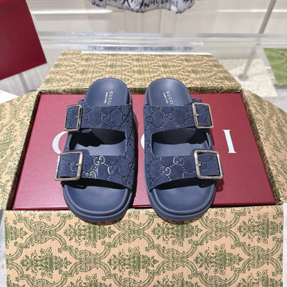 GUCCI SANDALS IN NAVY BLUE SUEDE EMBOSSED LOGO SILVER HARDWARE