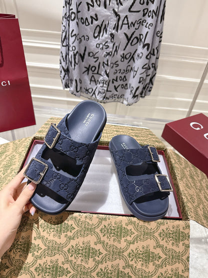 GUCCI SANDALS IN NAVY BLUE SUEDE EMBOSSED LOGO SILVER HARDWARE