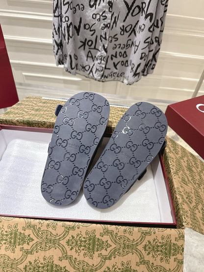 GUCCI SANDALS IN NAVY BLUE SUEDE EMBOSSED LOGO SILVER HARDWARE
