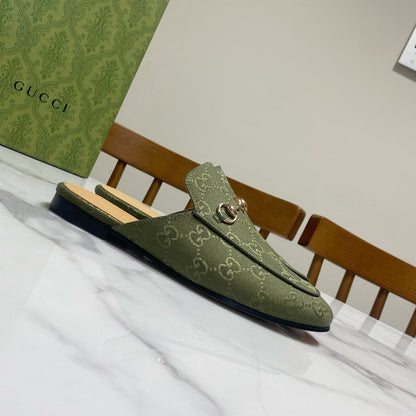 GUCCI MULES IN MOSS GREEN FABRIC GOLD HARD WARE