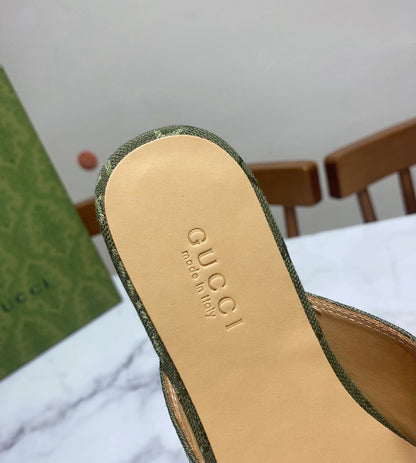 GUCCI MULES IN MOSS GREEN FABRIC GOLD HARD WARE