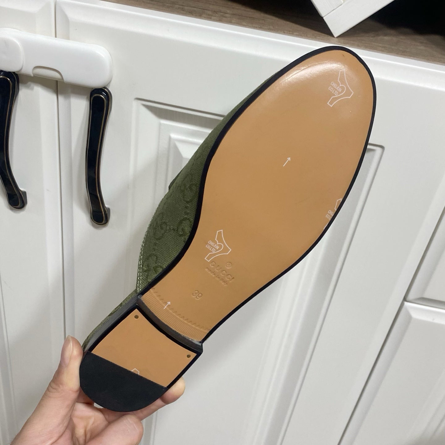 GUCCI MULES IN MOSS GREEN FABRIC GOLD HARD WARE