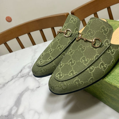 GUCCI MULES IN MOSS GREEN FABRIC GOLD HARD WARE