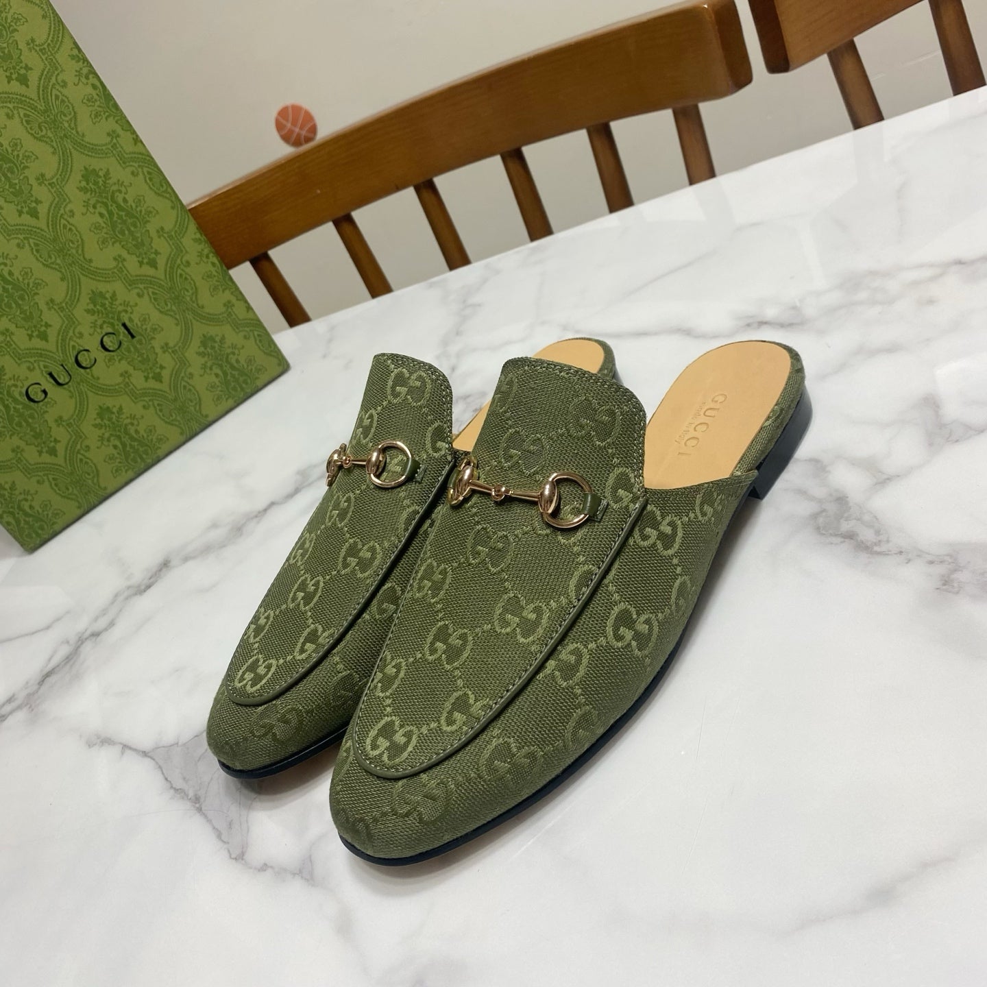 GUCCI MULES IN MOSS GREEN FABRIC GOLD HARD WARE