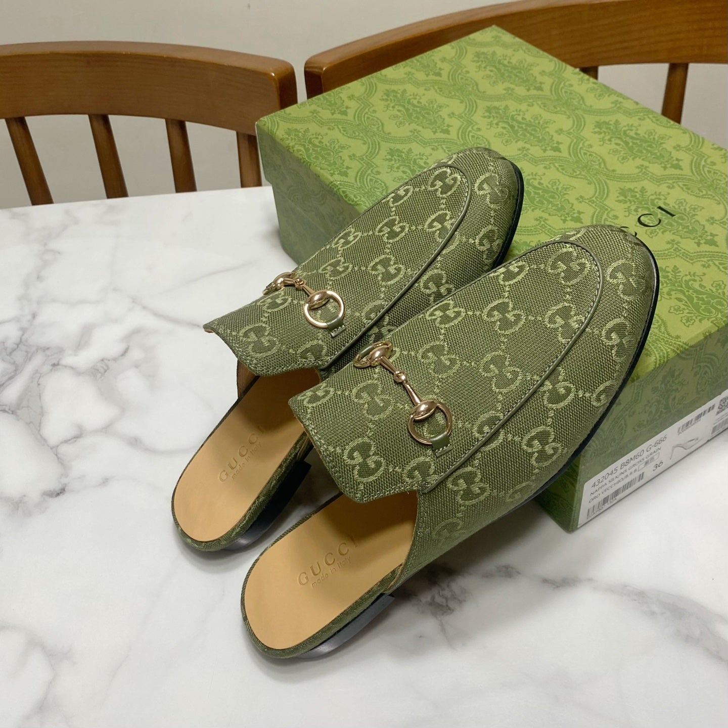 GUCCI MULES IN MOSS GREEN FABRIC GOLD HARD WARE