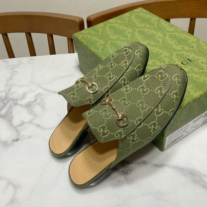 GUCCI MULES IN MOSS GREEN FABRIC GOLD HARD WARE