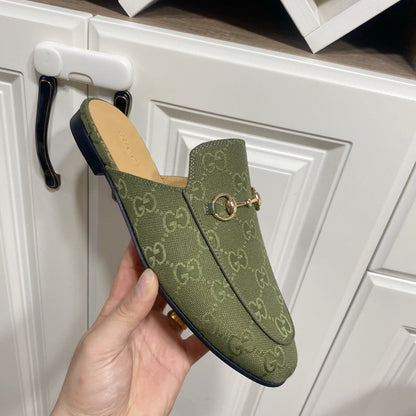 GUCCI MULES IN MOSS GREEN FABRIC GOLD HARD WARE