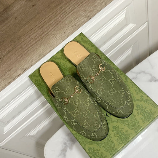 GUCCI MULES IN MOSS GREEN FABRIC GOLD HARD WARE