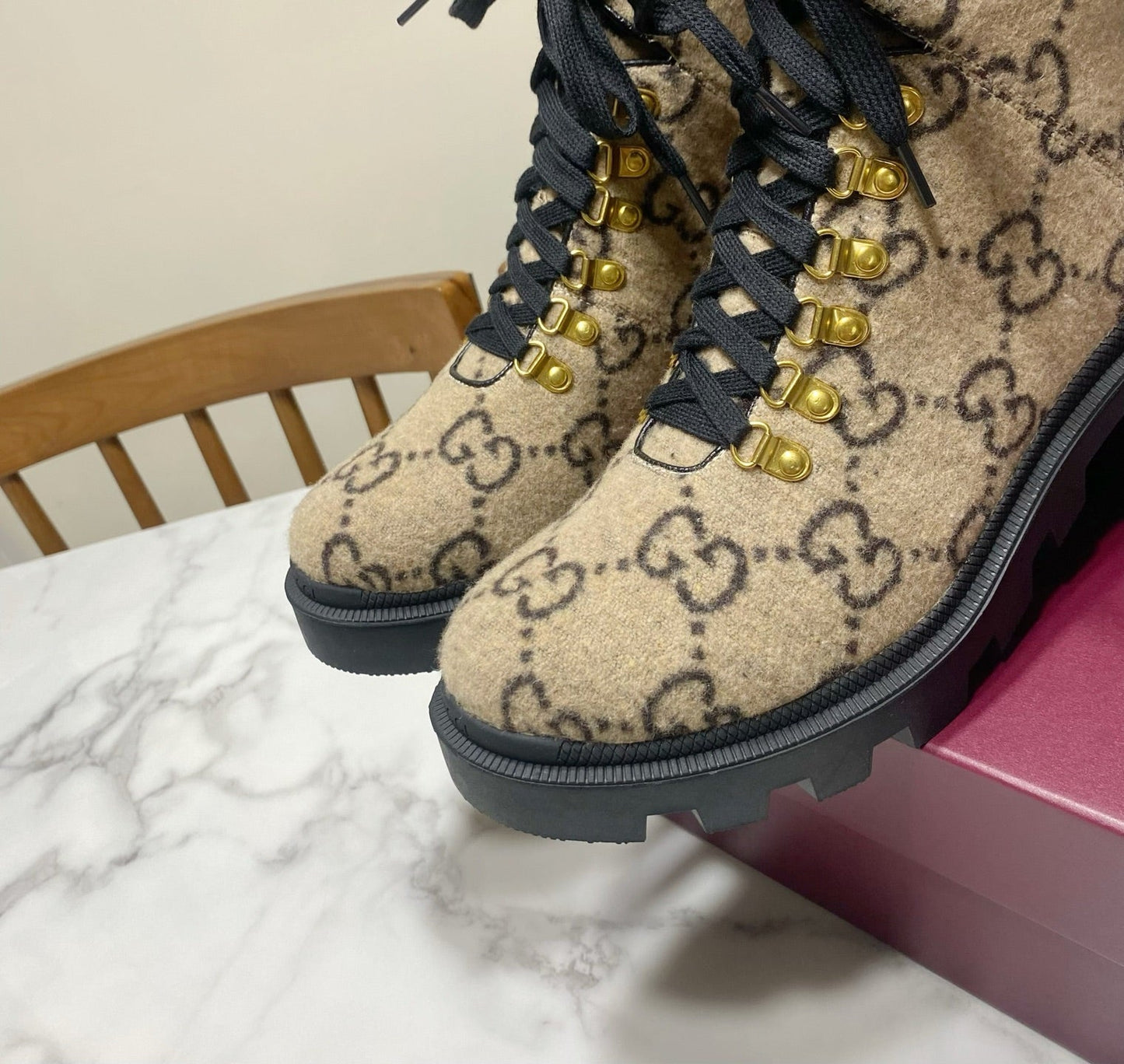 GUCCI 26S PLATFORM ANKLE BOOTS 70 MM IN BEIGE WOOL